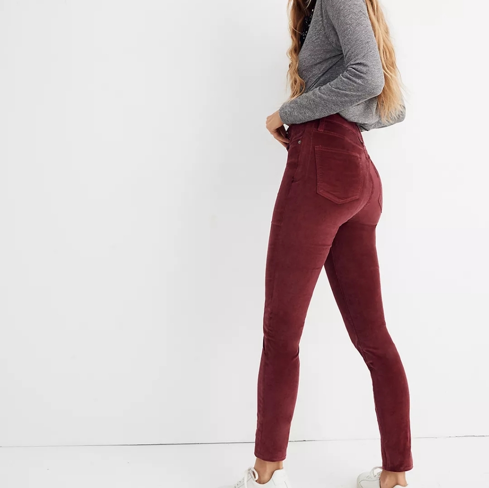 Madewell high rise velvet skinny jeans burgundy color